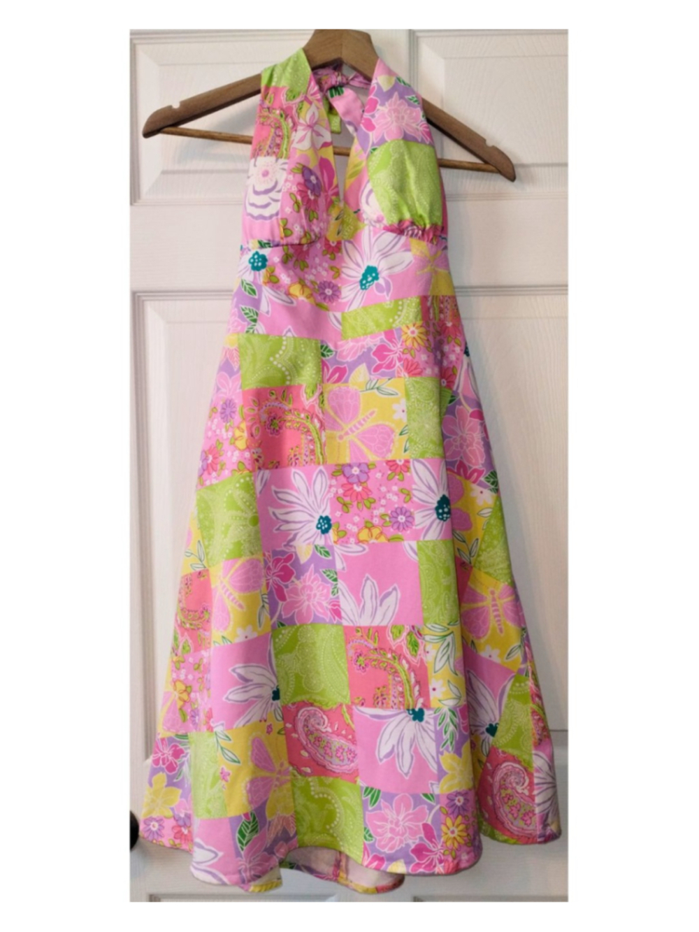 Women's Karin Stevens Halter Pink Green Patchwork Floral Dress (Size 10)